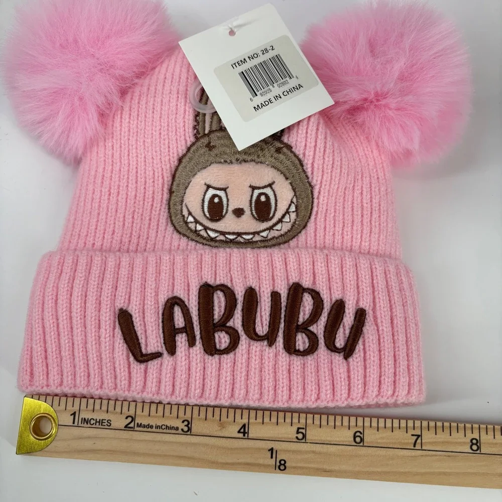 Labubu Double Pom Pom Beanie Kids One Size Pink Embroidered Ribbed Knit Hat